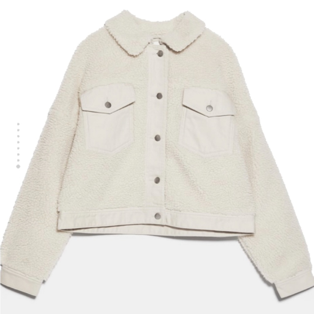 Zara off white / ivory cropped denim faux sheath / fleece jacket, size M